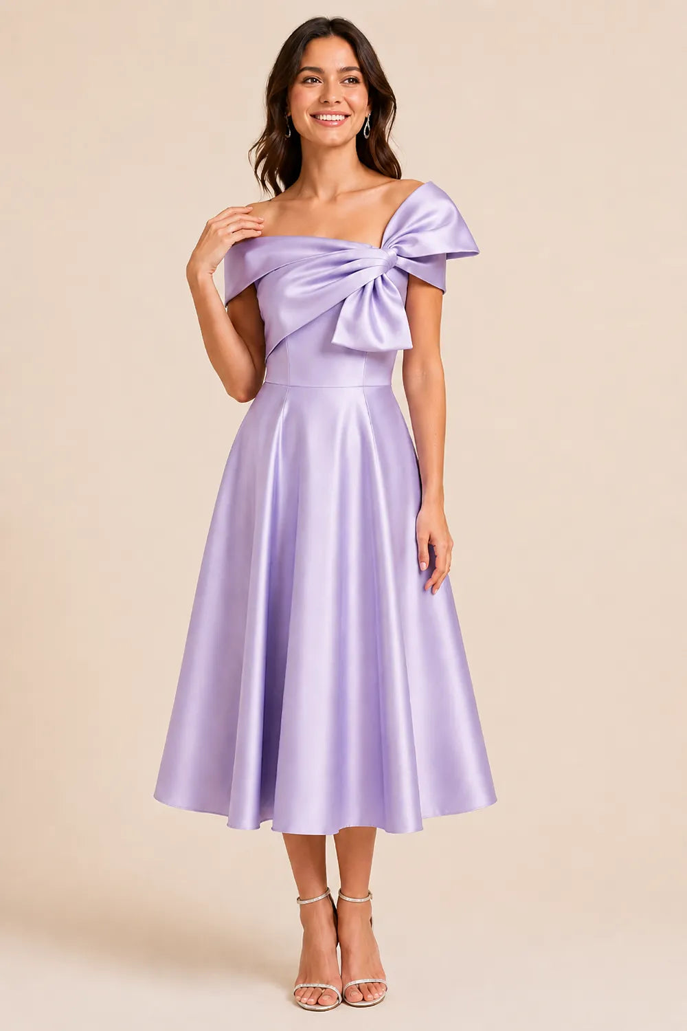 Aurelia Off Shoulder Bow Satin Midi Dress