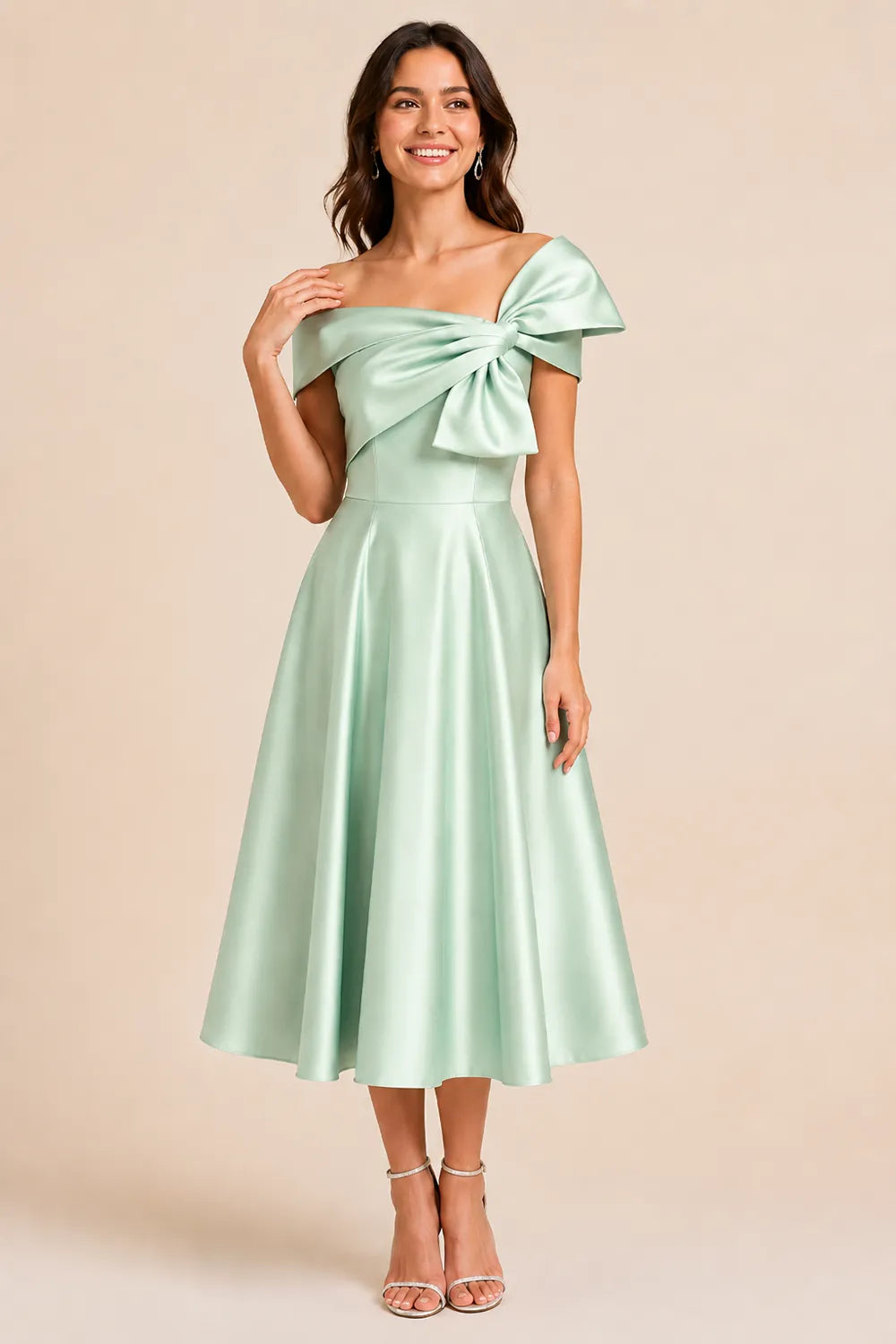 Aurelia Off Shoulder Bow Satin Midi Dress