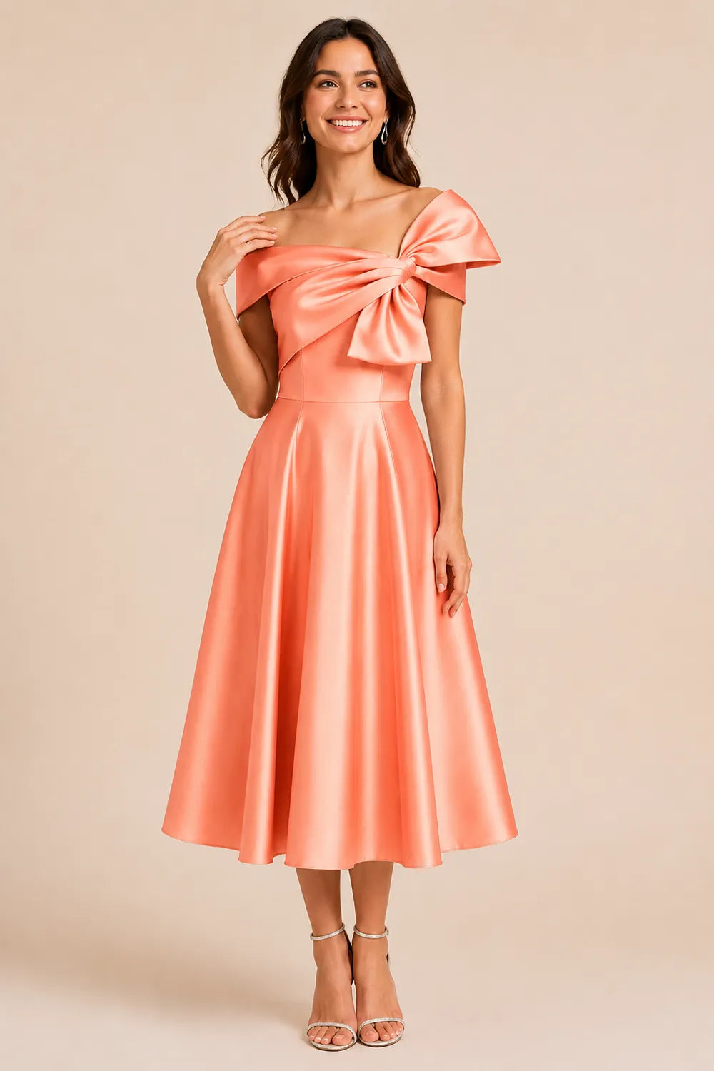 Aurelia Off Shoulder Bow Satin Midi Dress