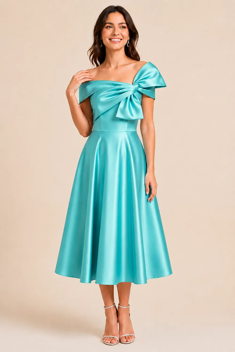 Aurelia Off Shoulder Bow Satin Midi Dress
