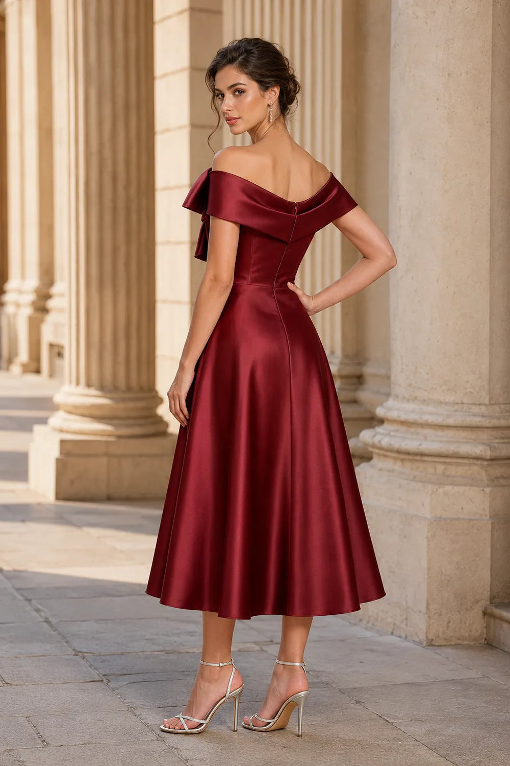 Aurelia Off Shoulder Bow Satin Midi Dress