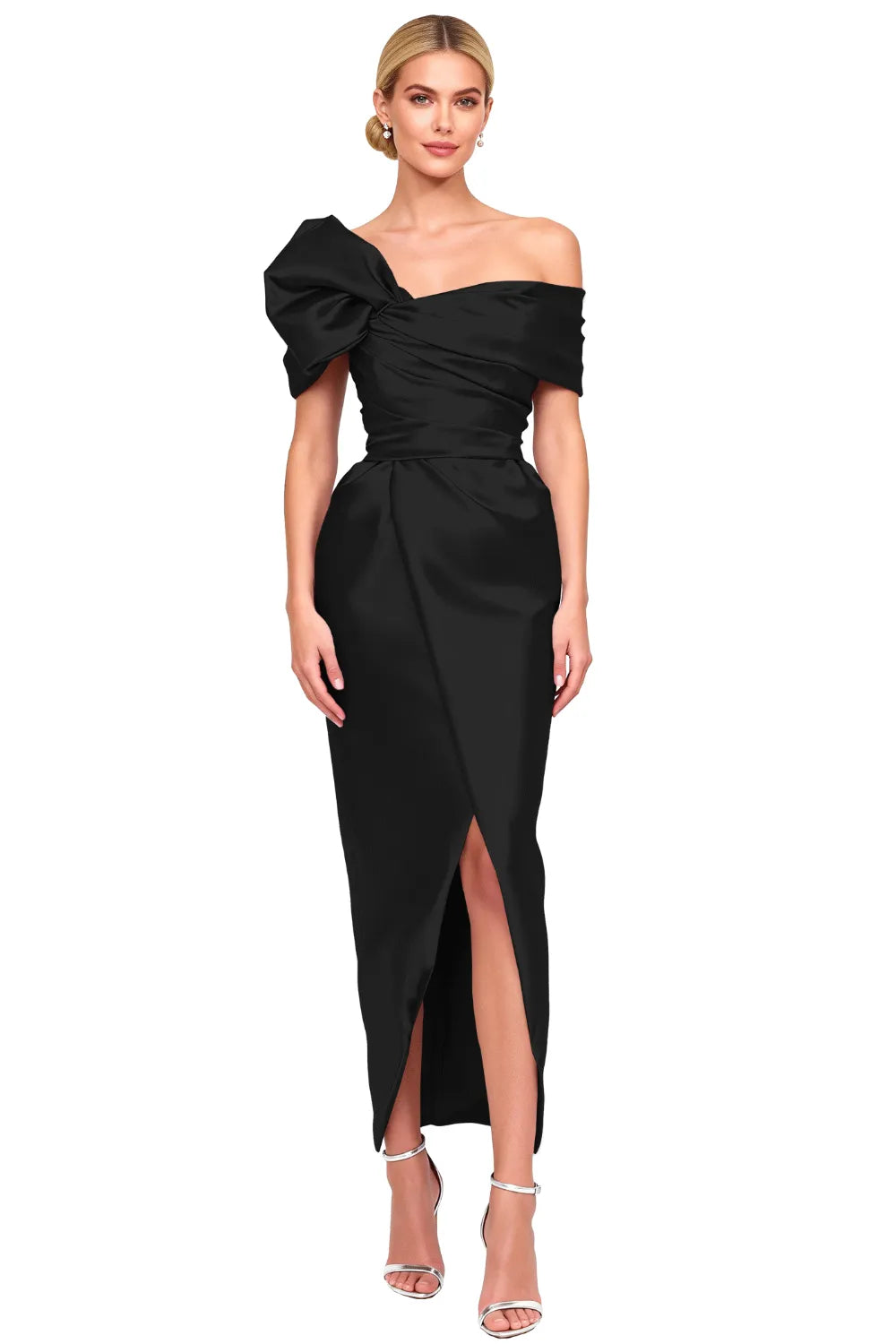Asymmetrical Bow-Shoulder Cocktail Sheath Dress