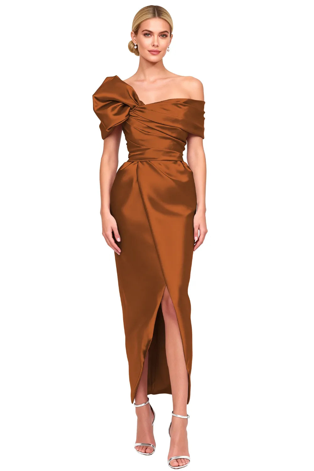 Asymmetrical Bow-Shoulder Cocktail Sheath Dress