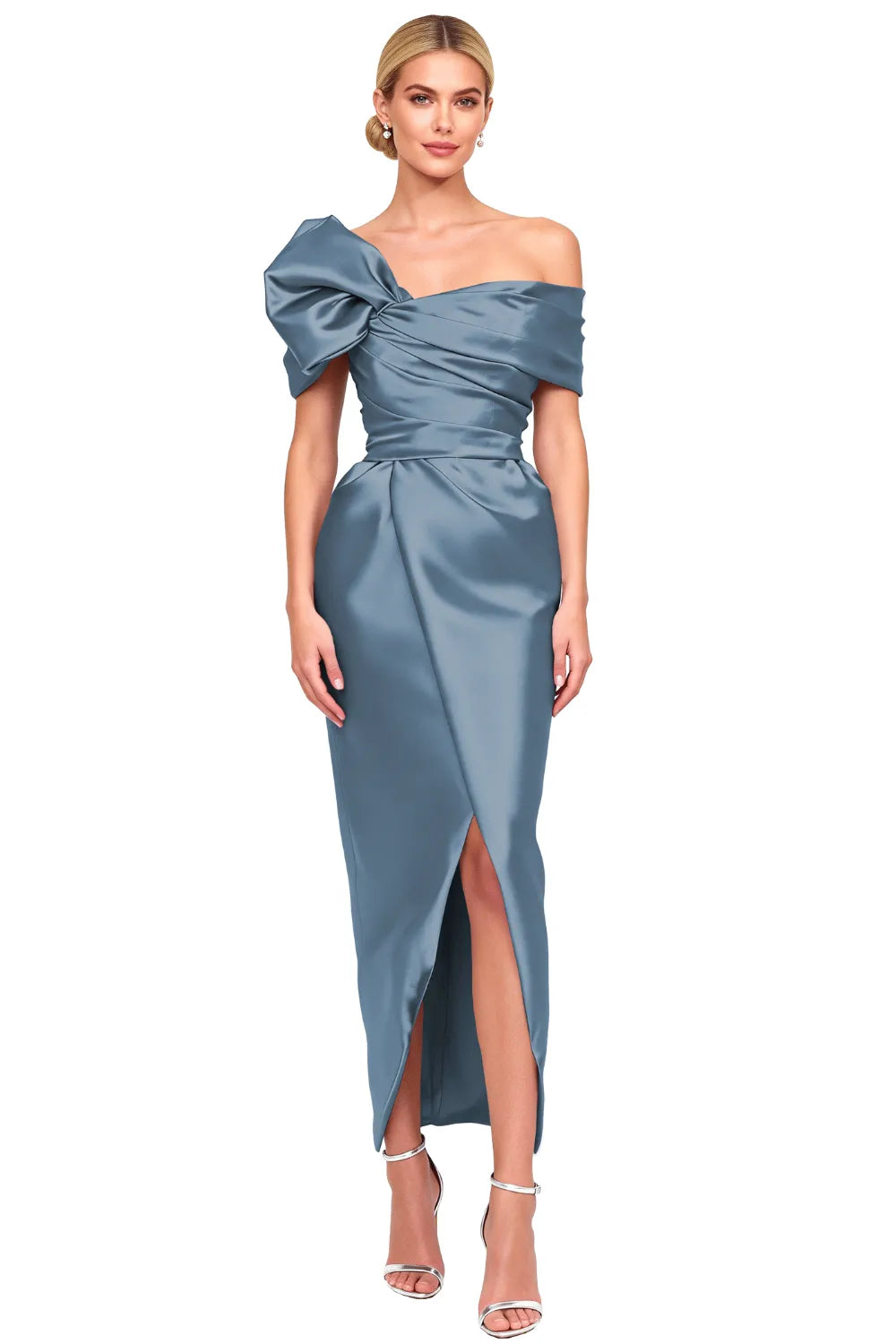 Asymmetrical Bow-Shoulder Cocktail Sheath Dress