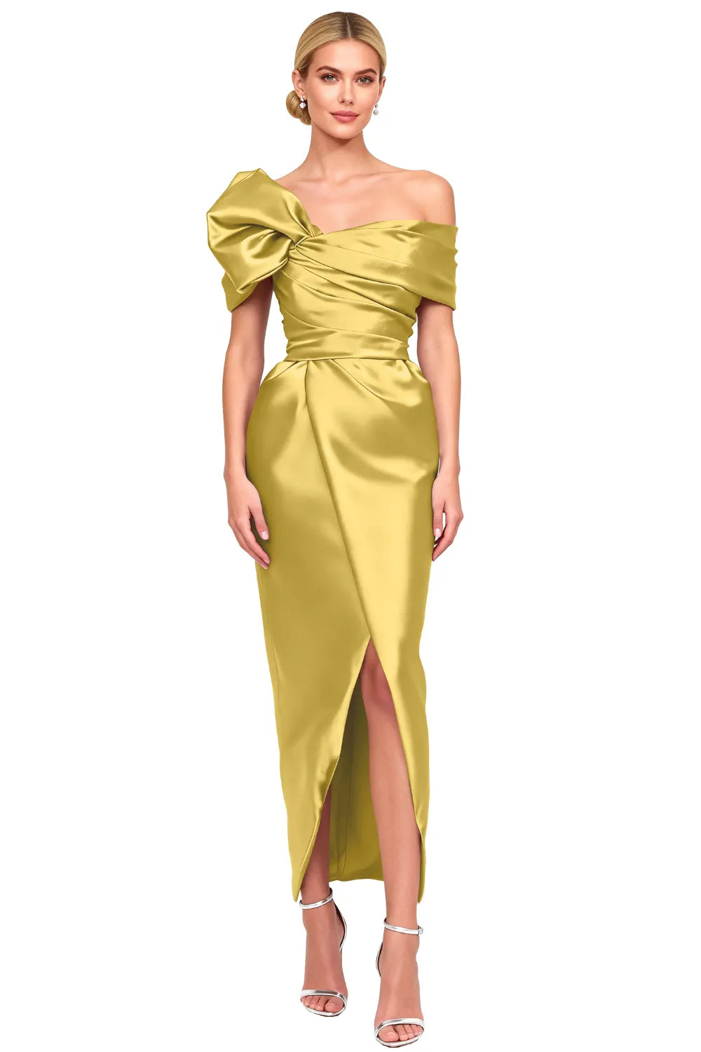 Asymmetrical Bow-Shoulder Cocktail Sheath Dress