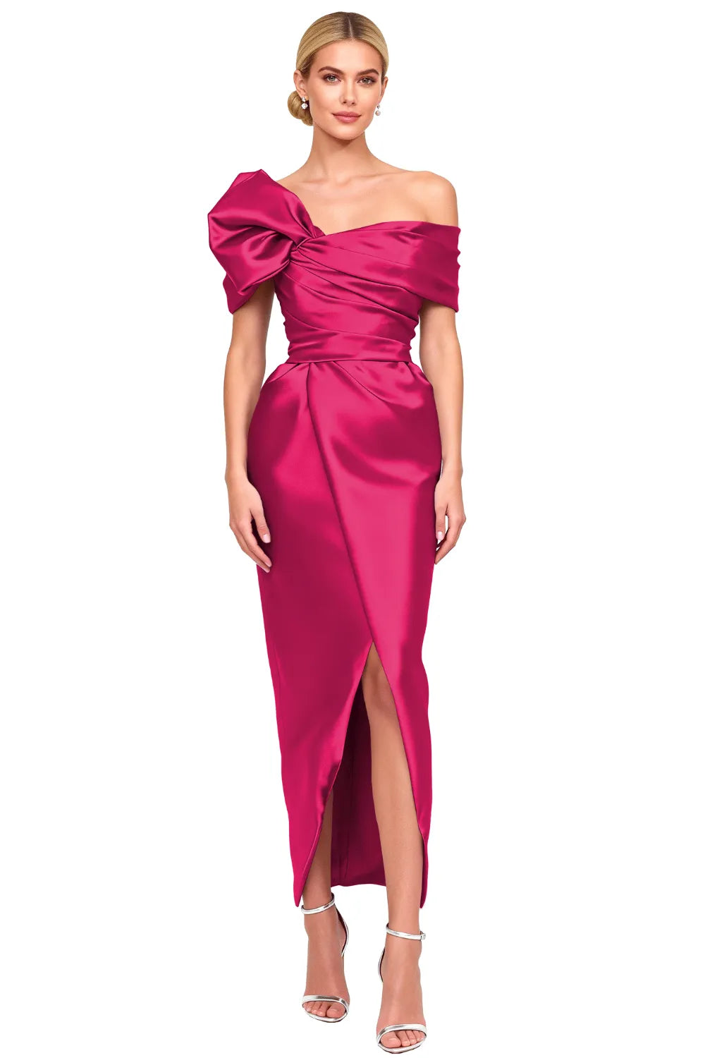 Asymmetrical Bow-Shoulder Cocktail Sheath Dress