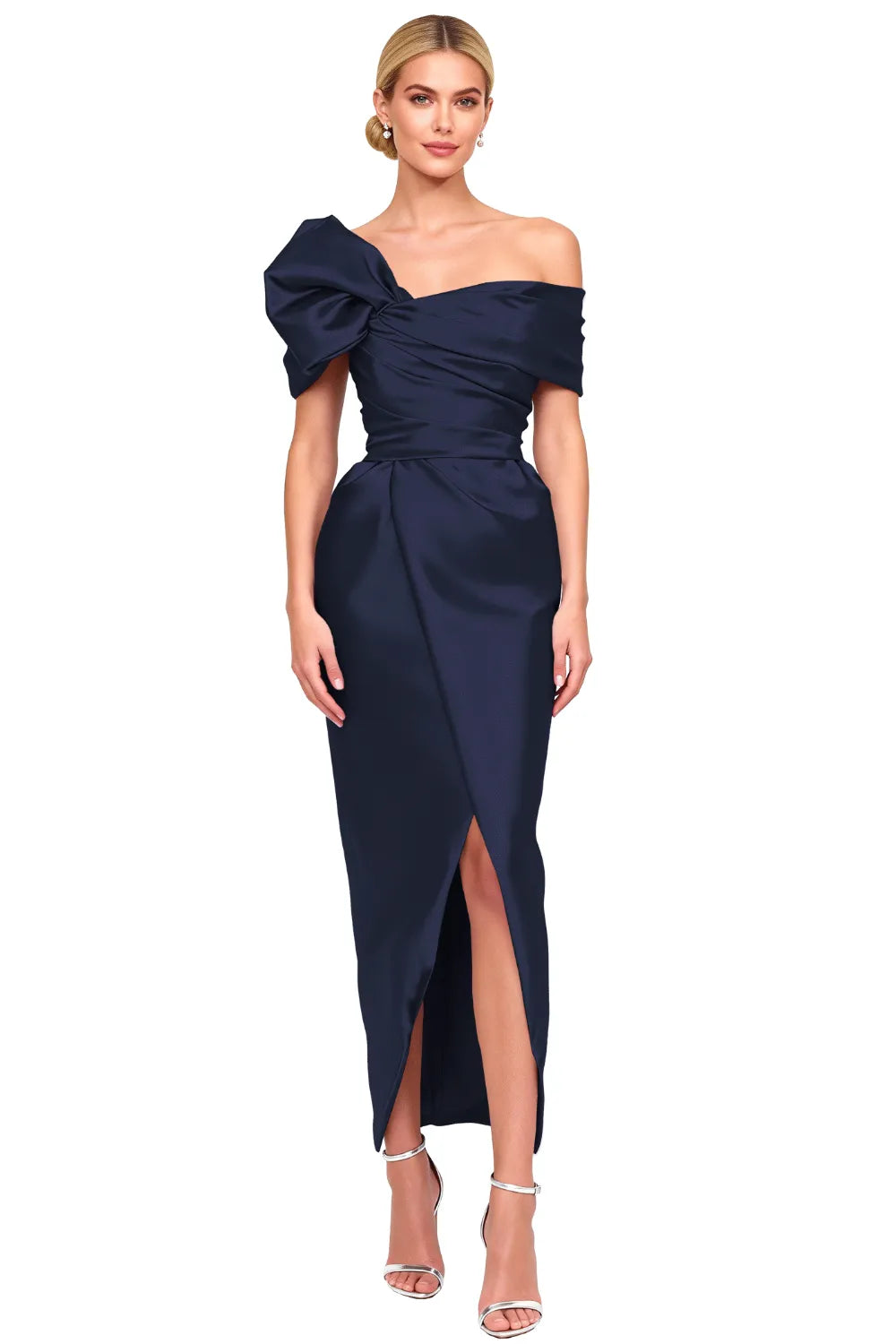 Asymmetrical Bow-Shoulder Cocktail Sheath Dress