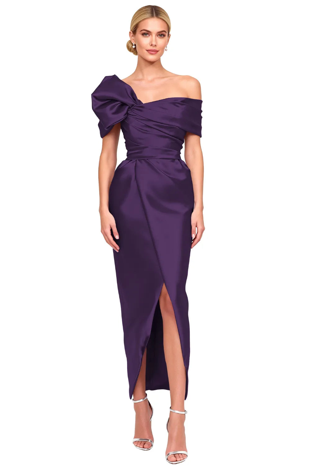 Asymmetrical Bow-Shoulder Cocktail Sheath Dress