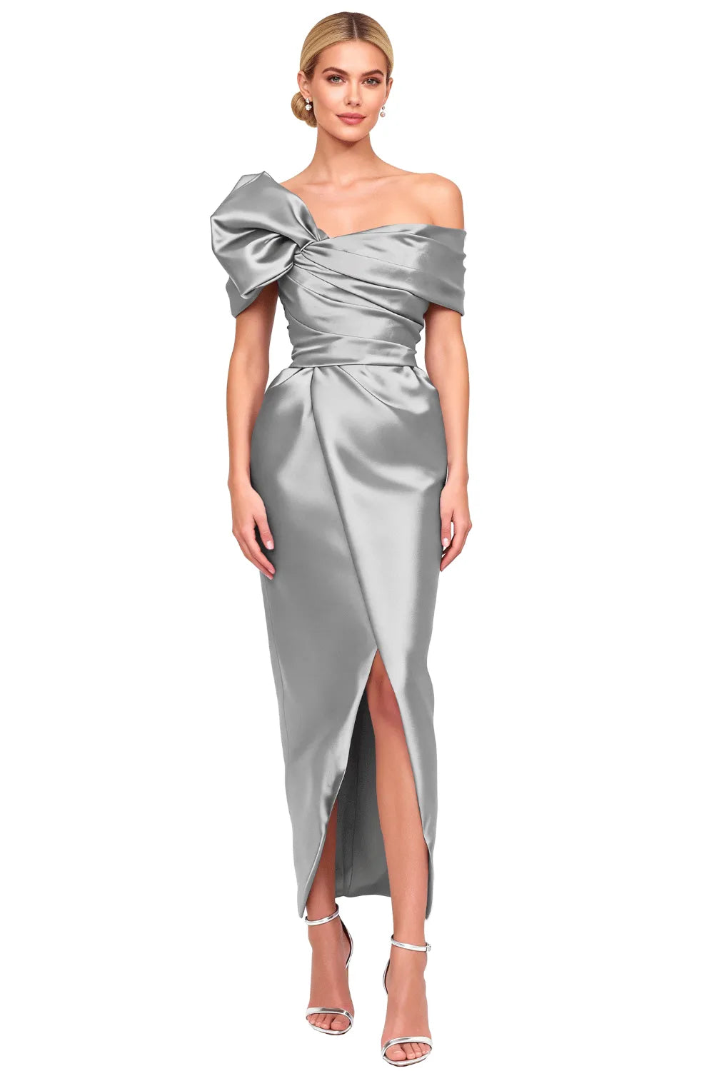 Asymmetrical Bow-Shoulder Cocktail Sheath Dress