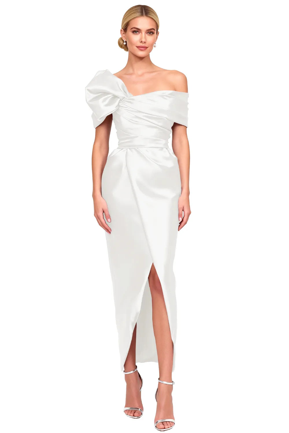 Asymmetrical Bow-Shoulder Cocktail Sheath Dress