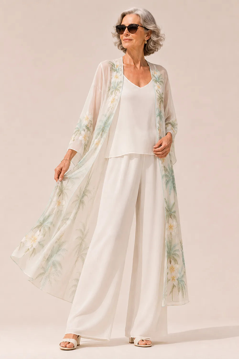Sheer Floral Kimono Jacket Wide-Leg Pants Set