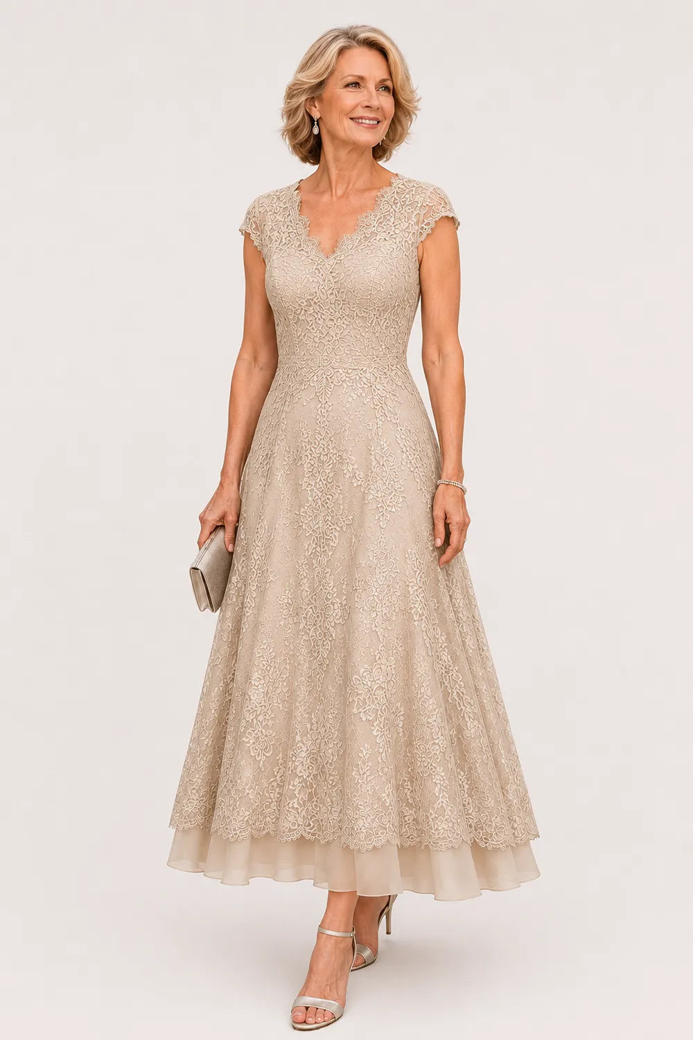 Scalloped V-Neck Lace Wedding Guest Dress