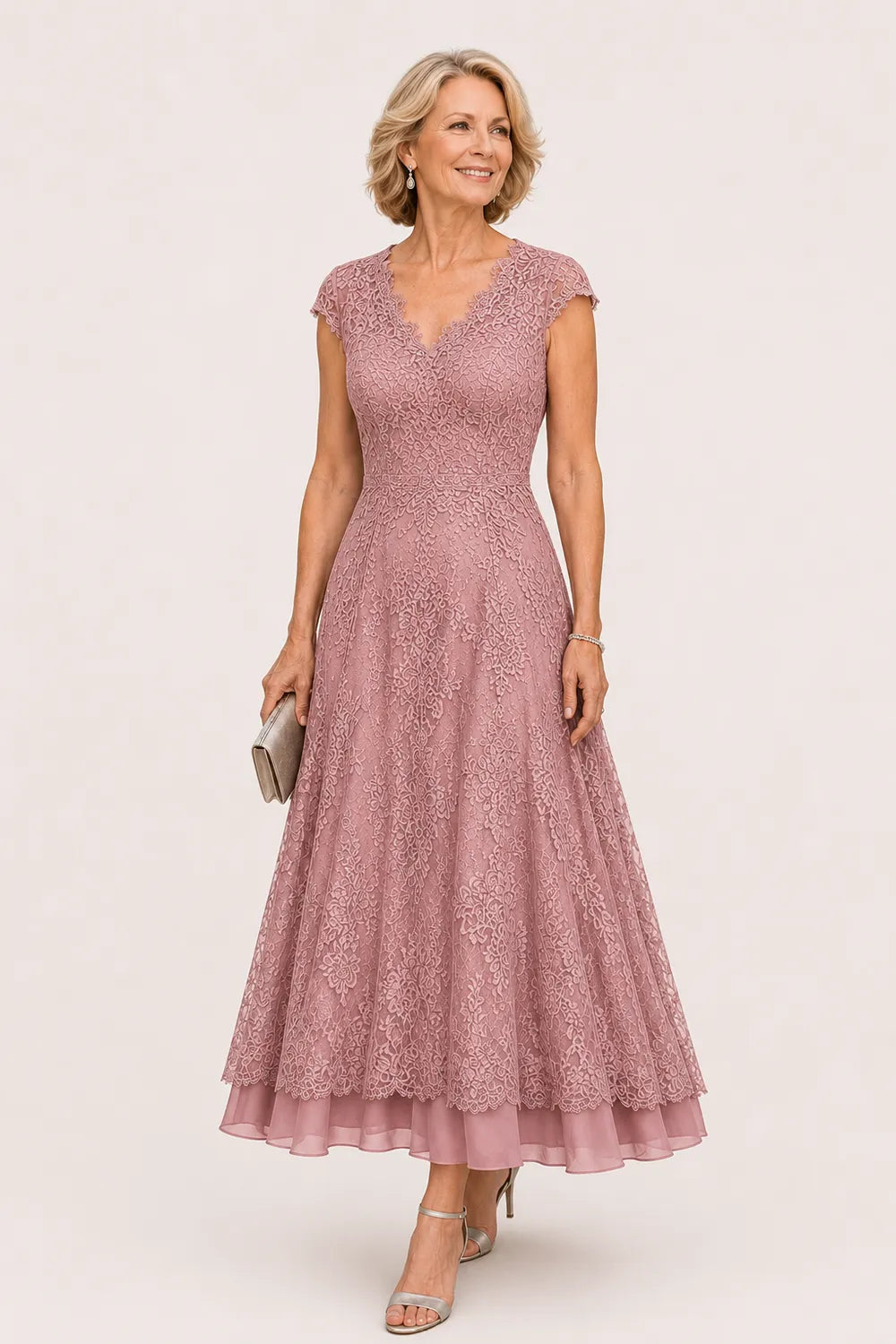 Scalloped V-Neck Lace Wedding Guest Dress
