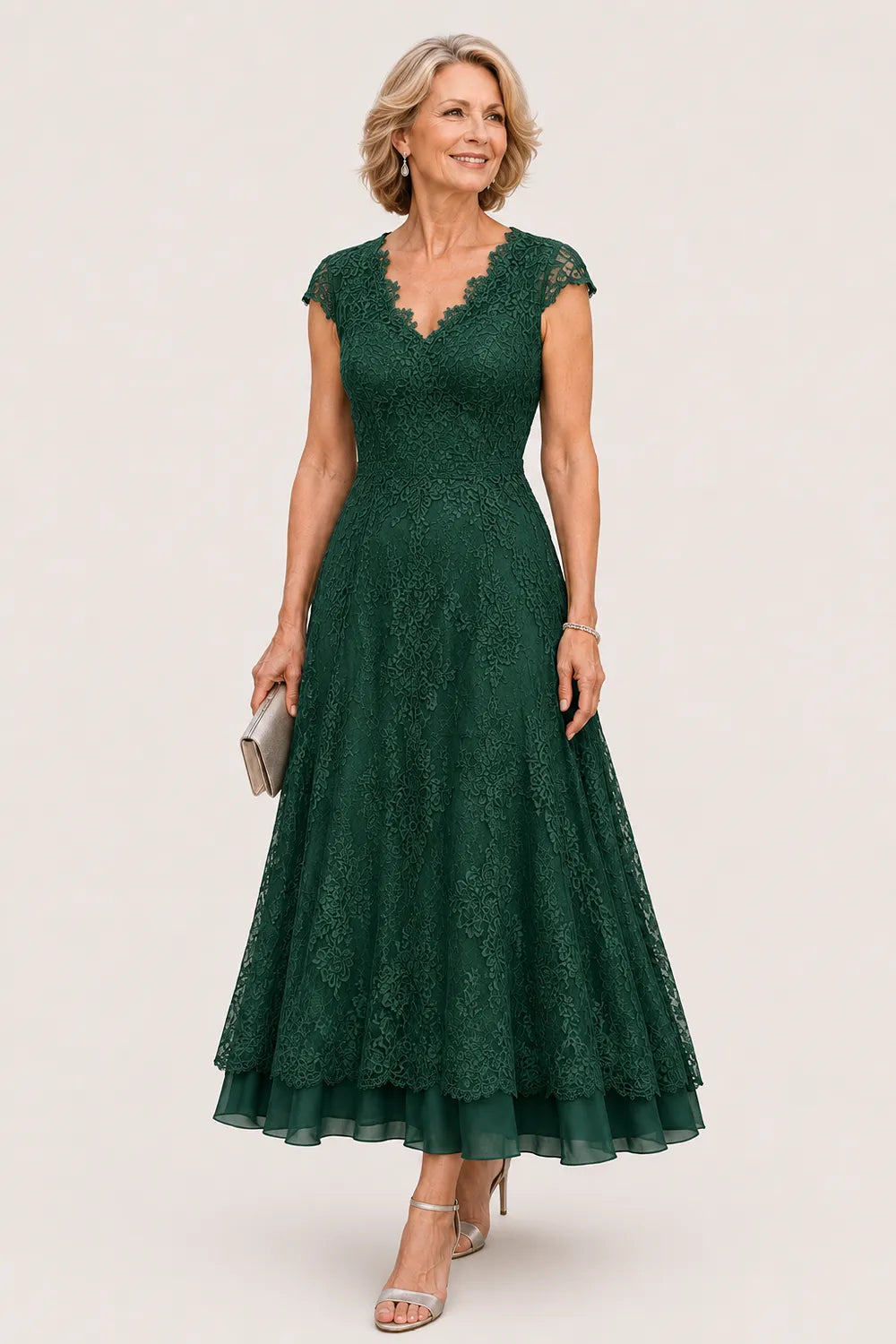 Scalloped V-Neck Lace Wedding Guest Dress