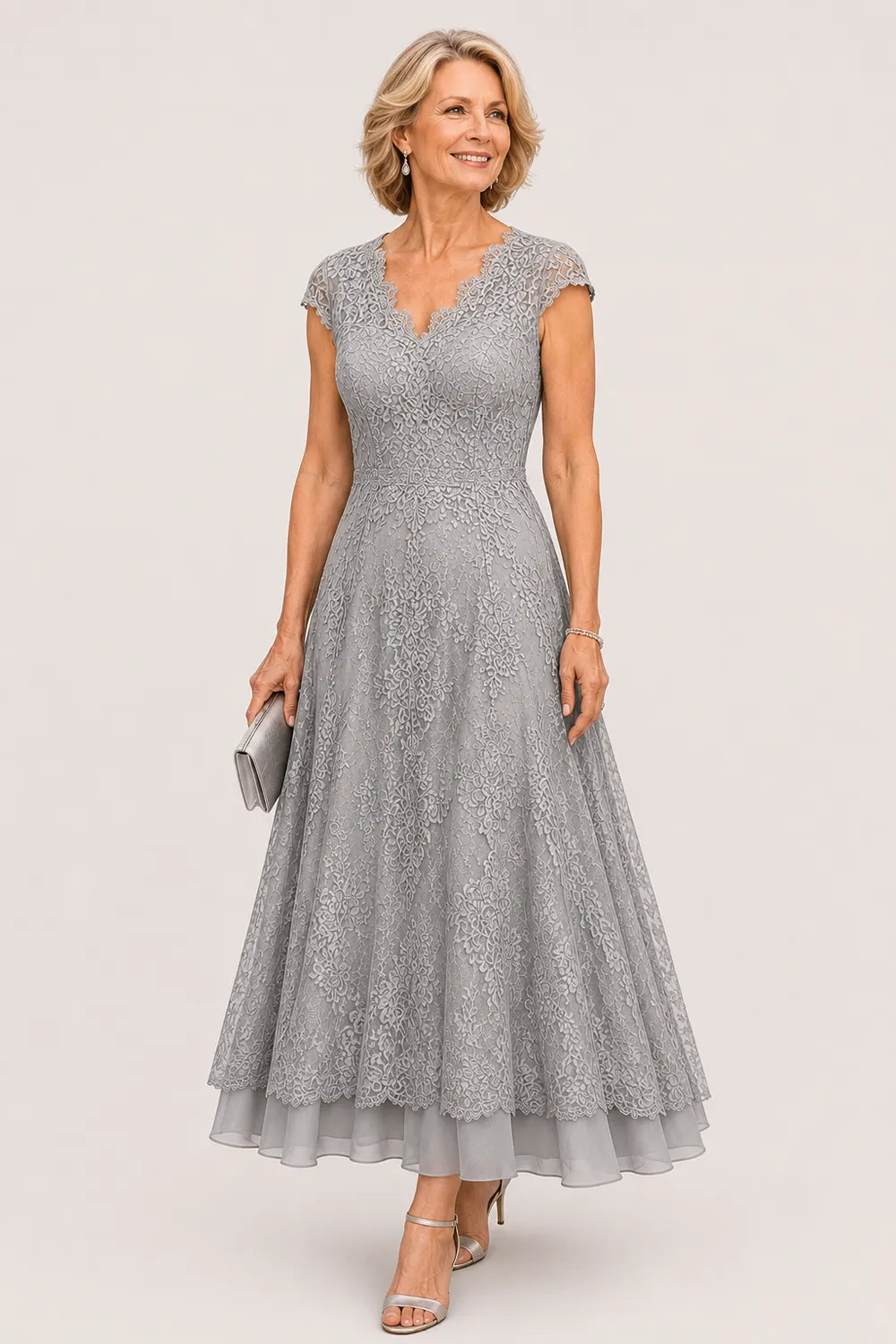 Scalloped V-Neck Lace Wedding Guest Dress