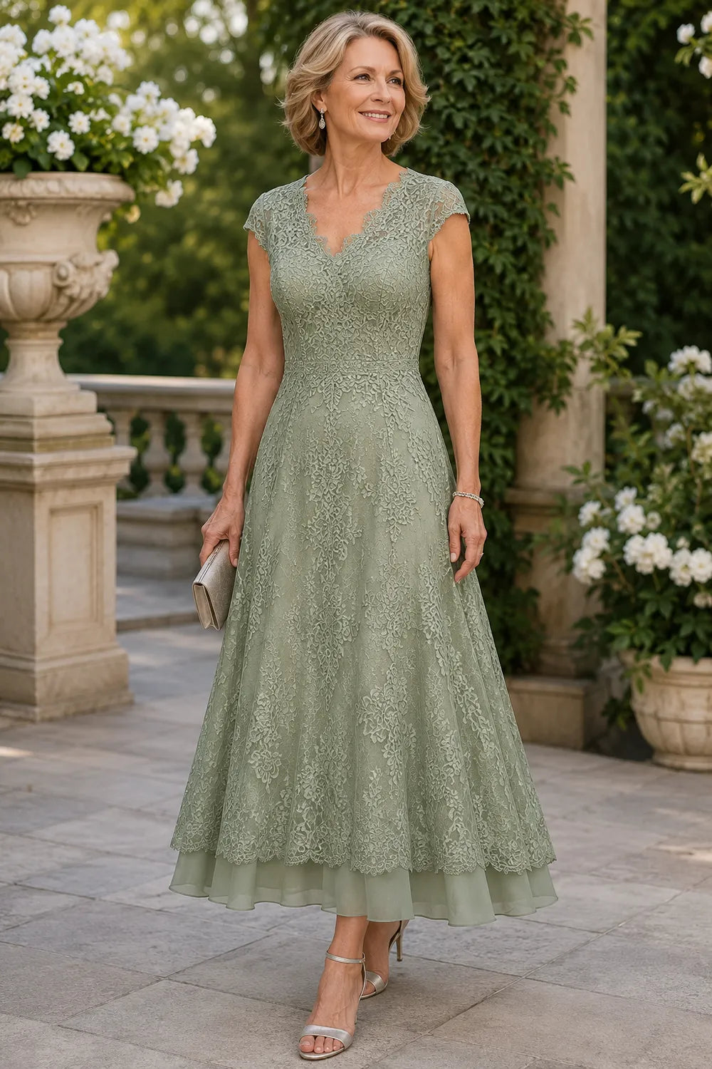 Scalloped V-Neck Lace Wedding Guest Dress