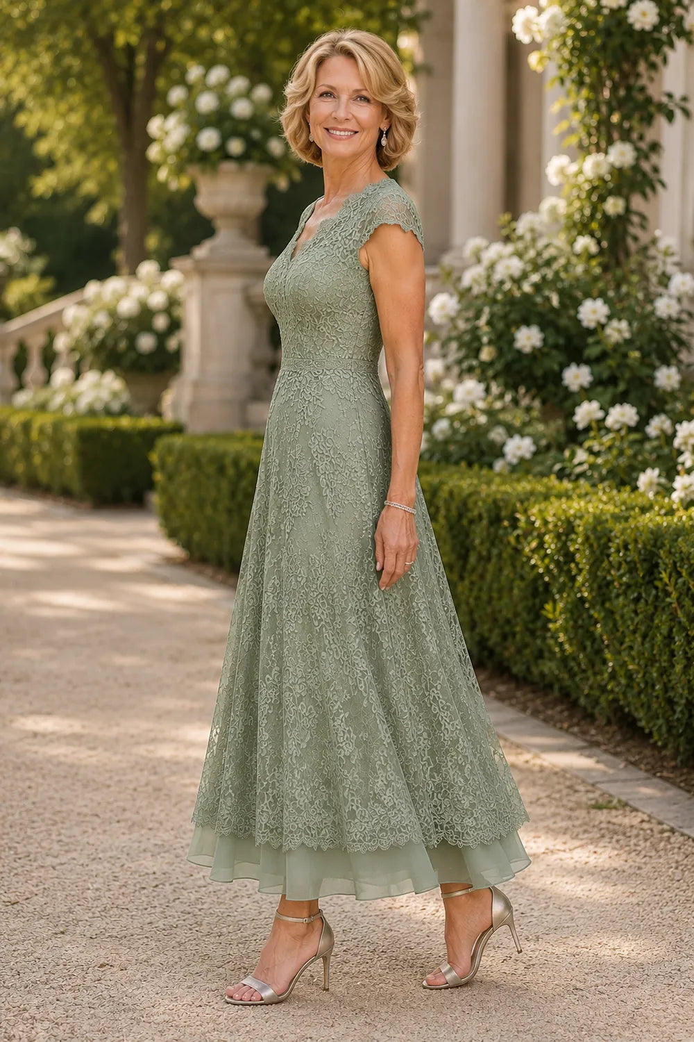 Scalloped V-Neck Lace Wedding Guest Dress