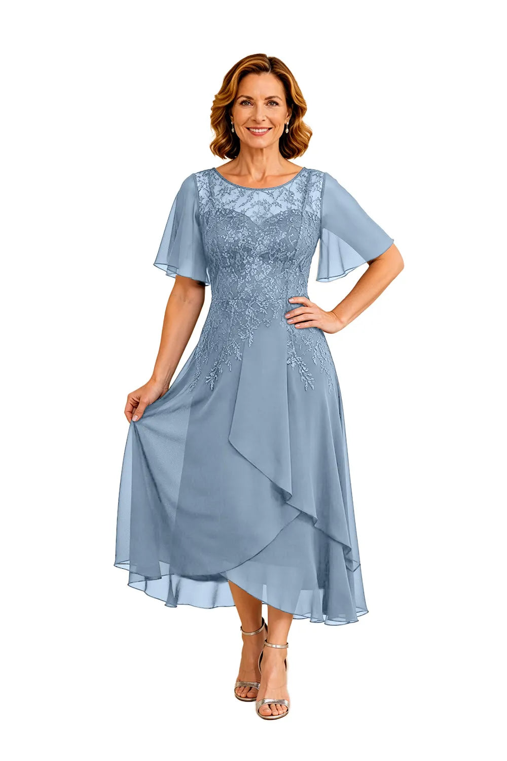 Lace Bodice Chiffon Wedding Guest Dress with V-Back