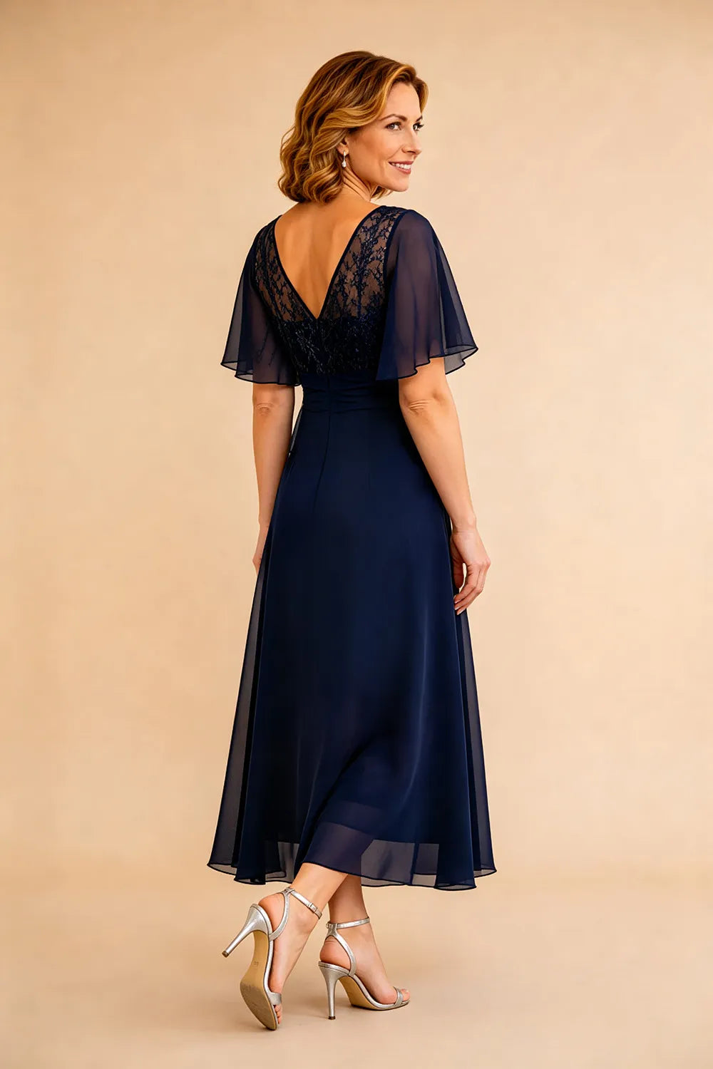 Lace Bodice Chiffon Wedding Guest Dress with V-Back