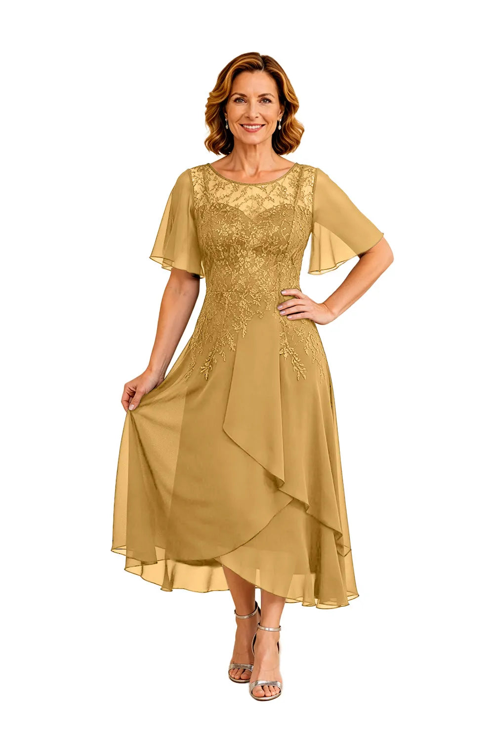 Lace Bodice Chiffon Wedding Guest Dress with V-Back