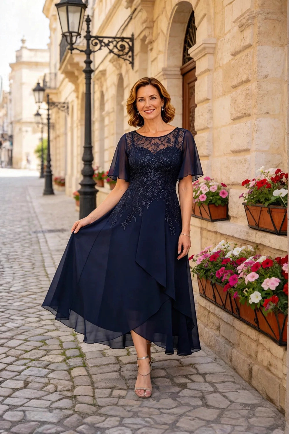 Lace Bodice Chiffon Wedding Guest Dress with V-Back