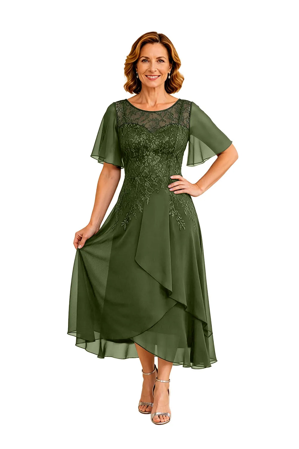 Lace Bodice Chiffon Wedding Guest Dress with V-Back