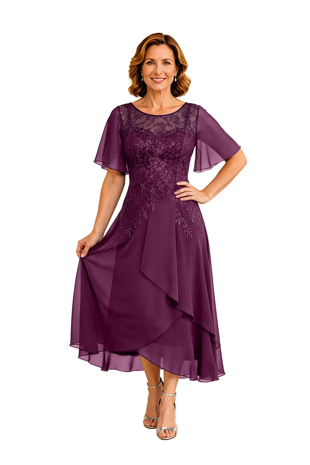 Lace Bodice Chiffon Wedding Guest Dress with V-Back
