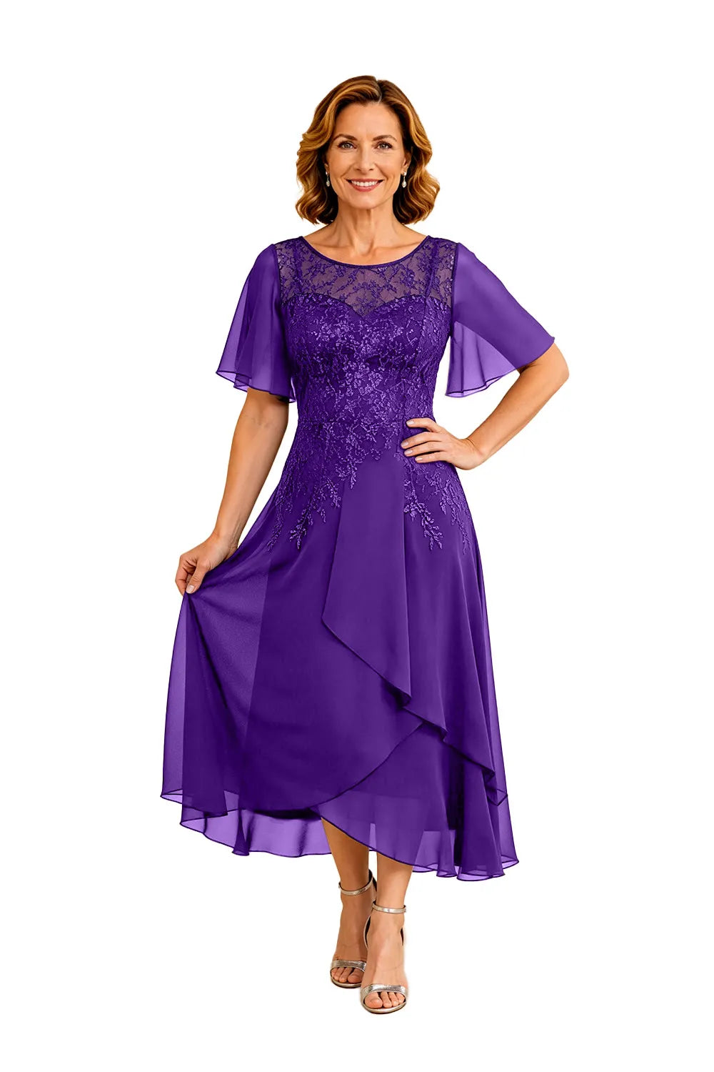 Lace Bodice Chiffon Wedding Guest Dress with V-Back