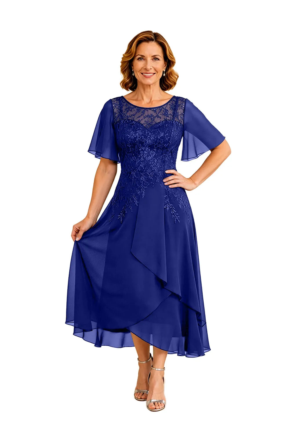 Lace Bodice Chiffon Wedding Guest Dress with V-Back