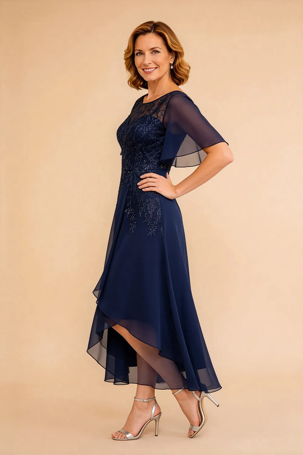 Lace Bodice Chiffon Wedding Guest Dress with V-Back