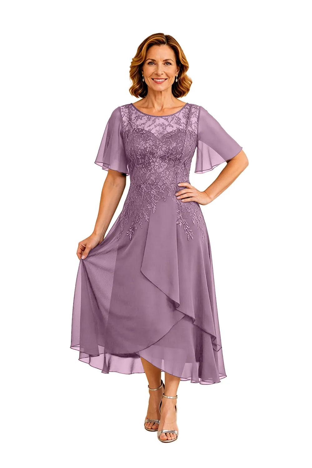 Lace Bodice Chiffon Wedding Guest Dress with V-Back