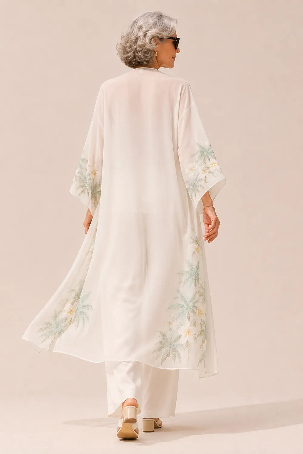Sheer Floral Kimono Jacket Wide-Leg Pants Set