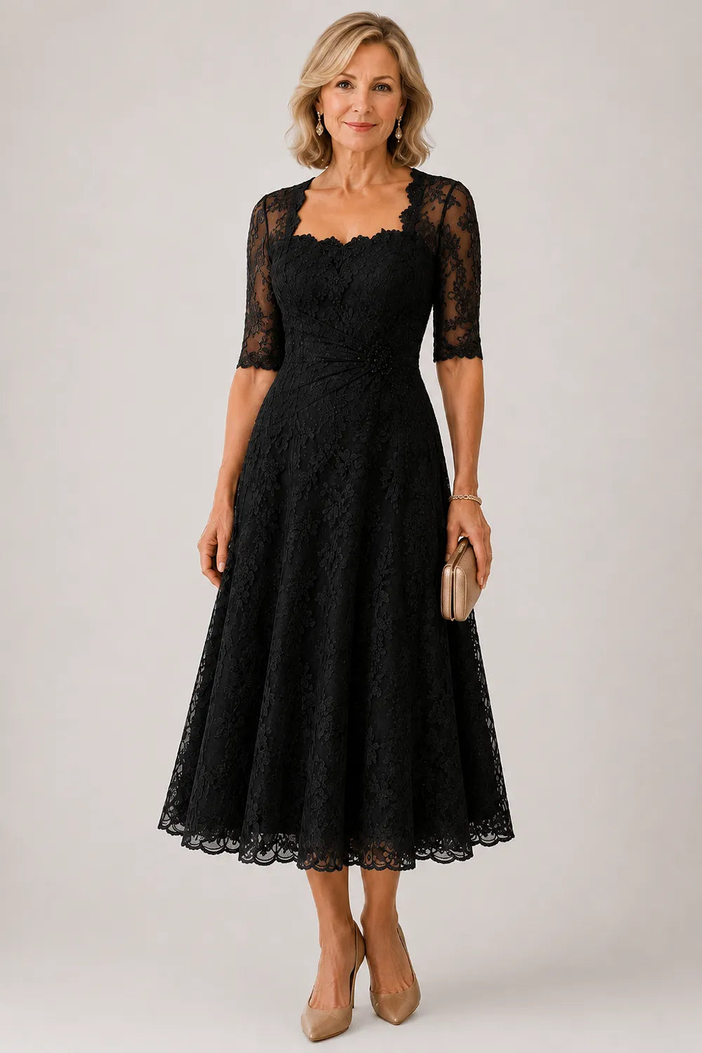 Sheer Lace Sleeve Tea Length Formal Dress