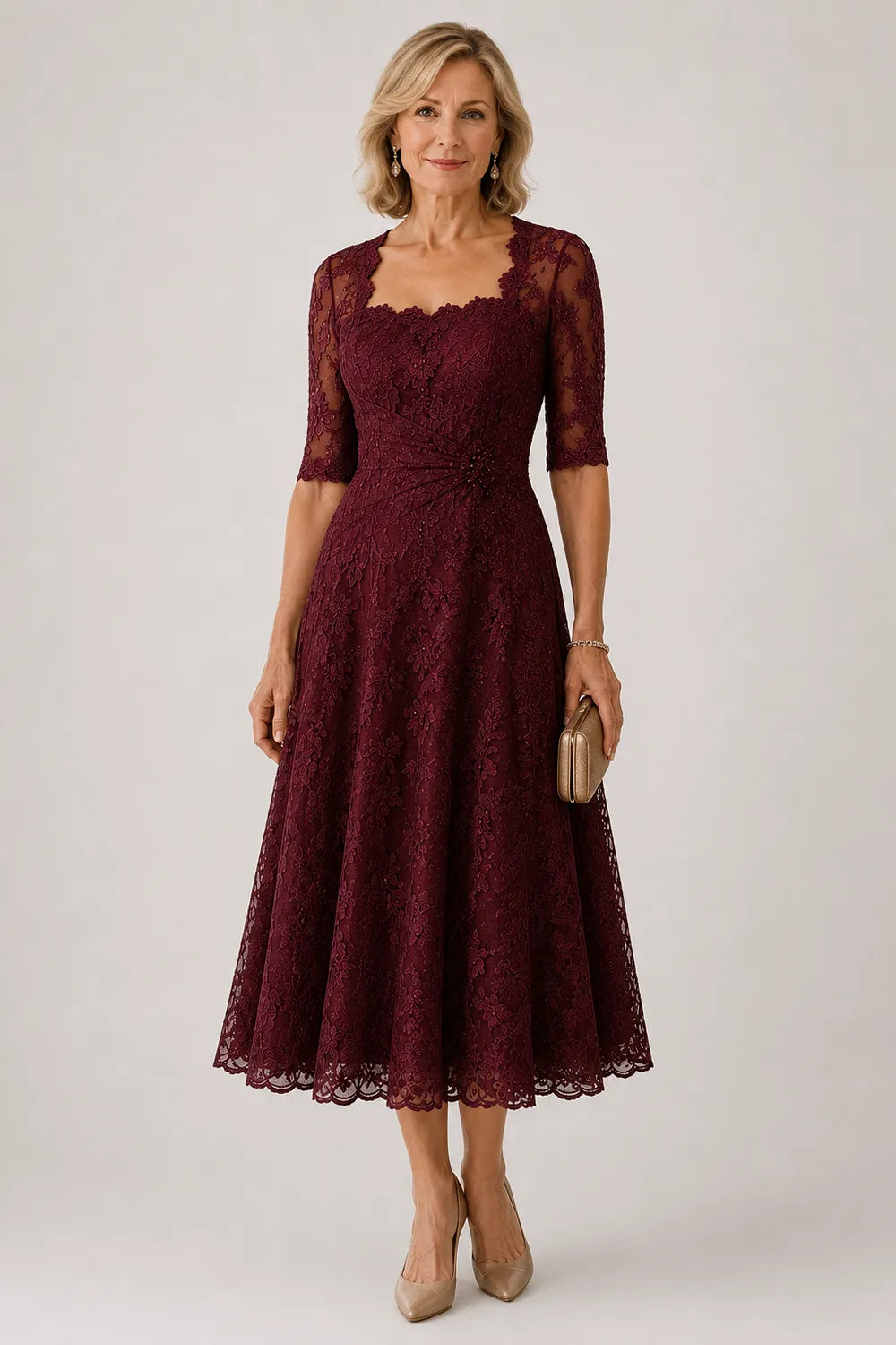 Sheer Lace Sleeve Tea Length Formal Dress