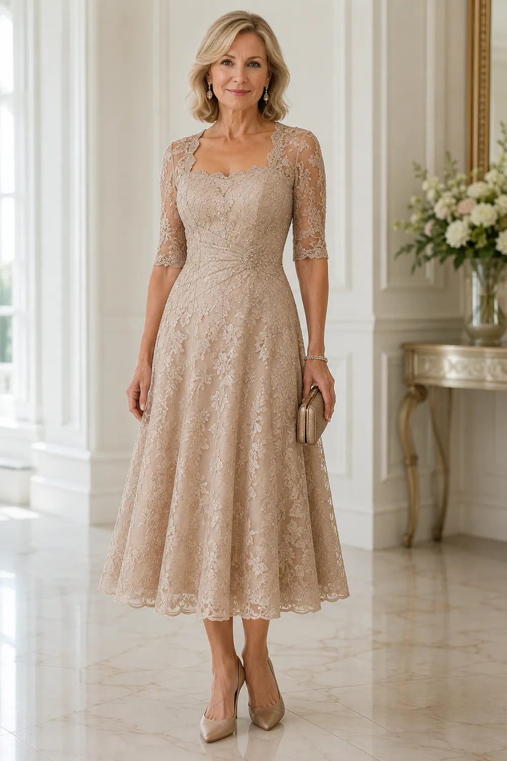 Sheer Lace Sleeve Tea Length Formal Dress