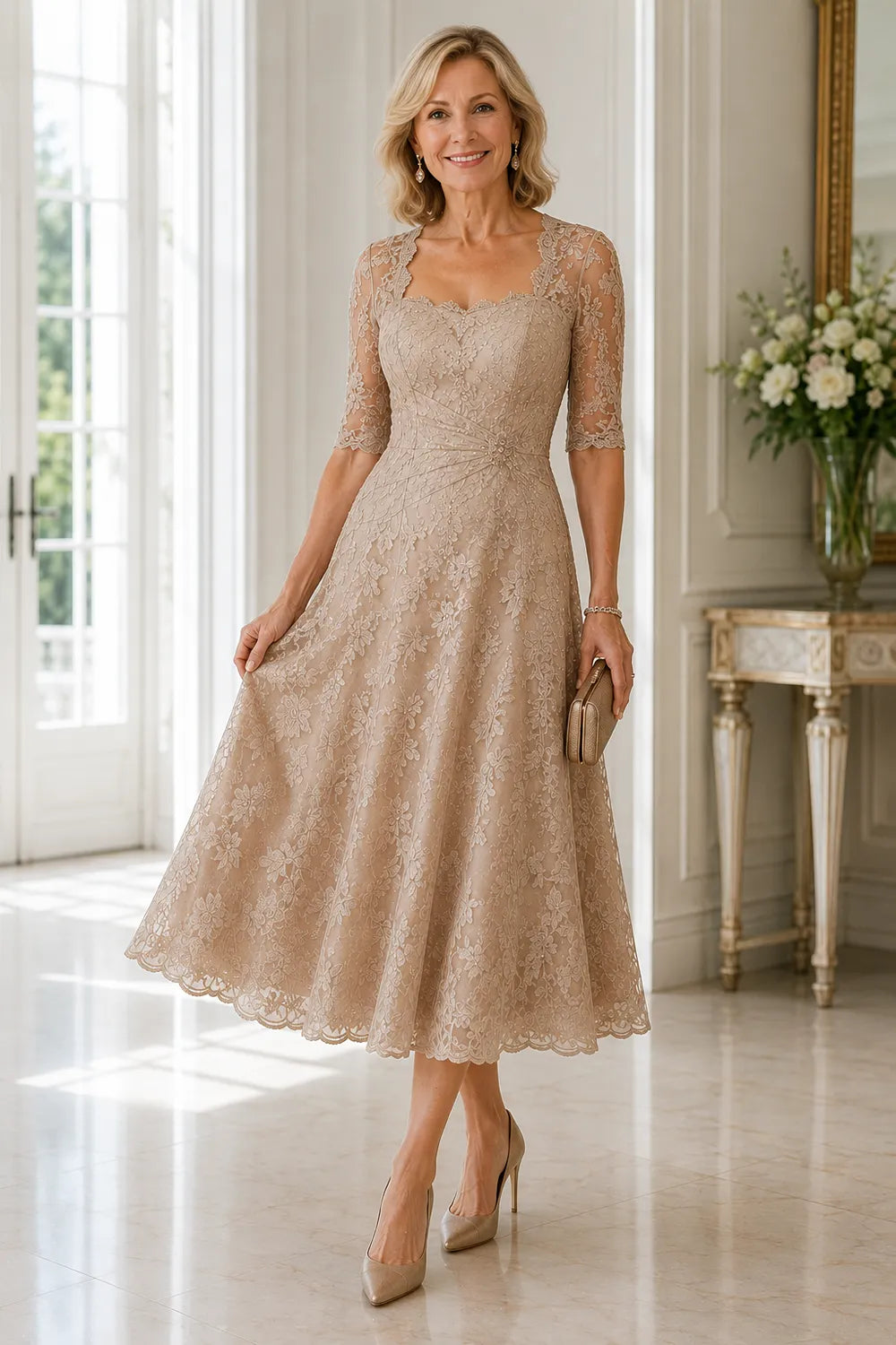 Sheer Lace Sleeve Tea Length Formal Dress