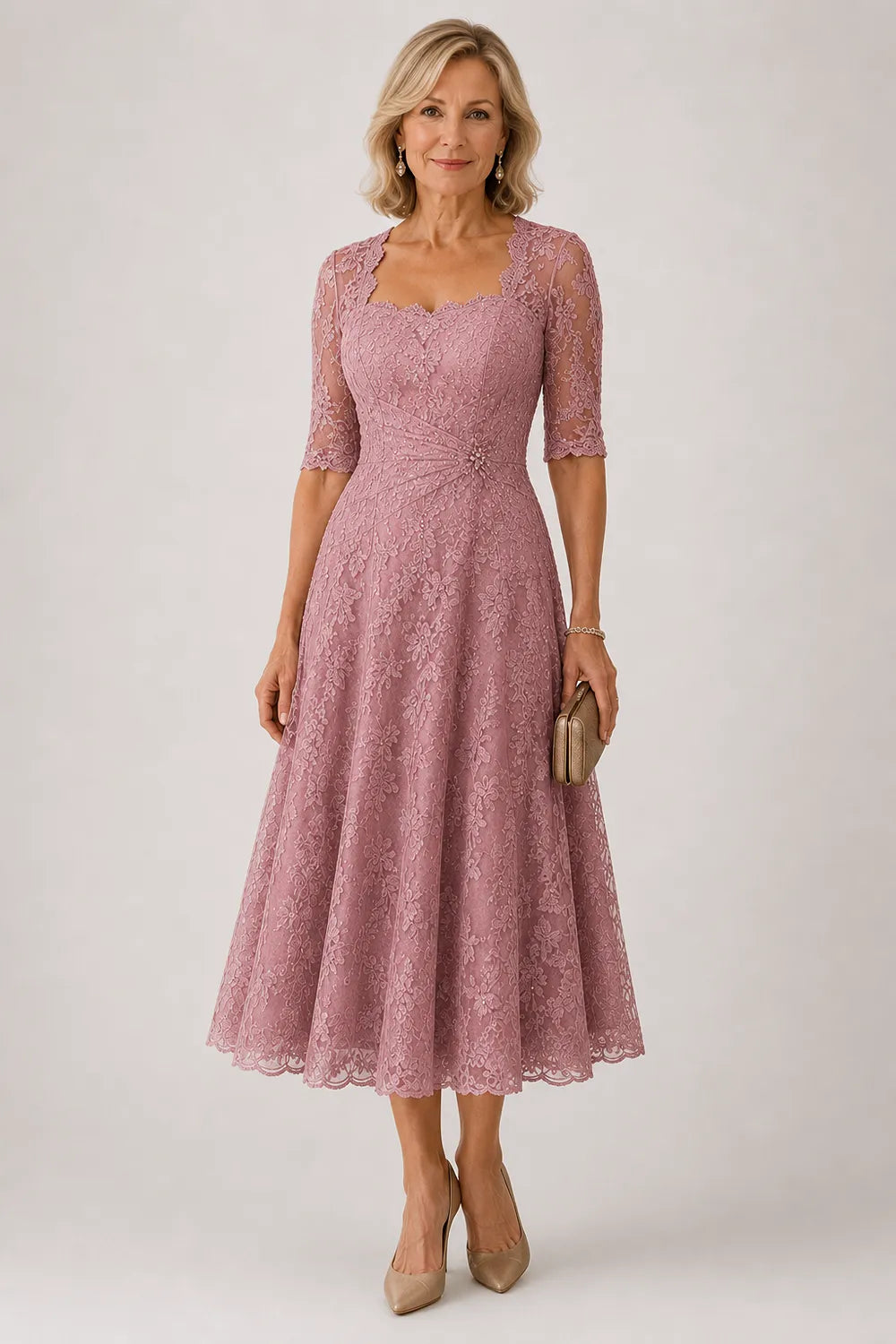 Sheer Lace Sleeve Tea Length Formal Dress