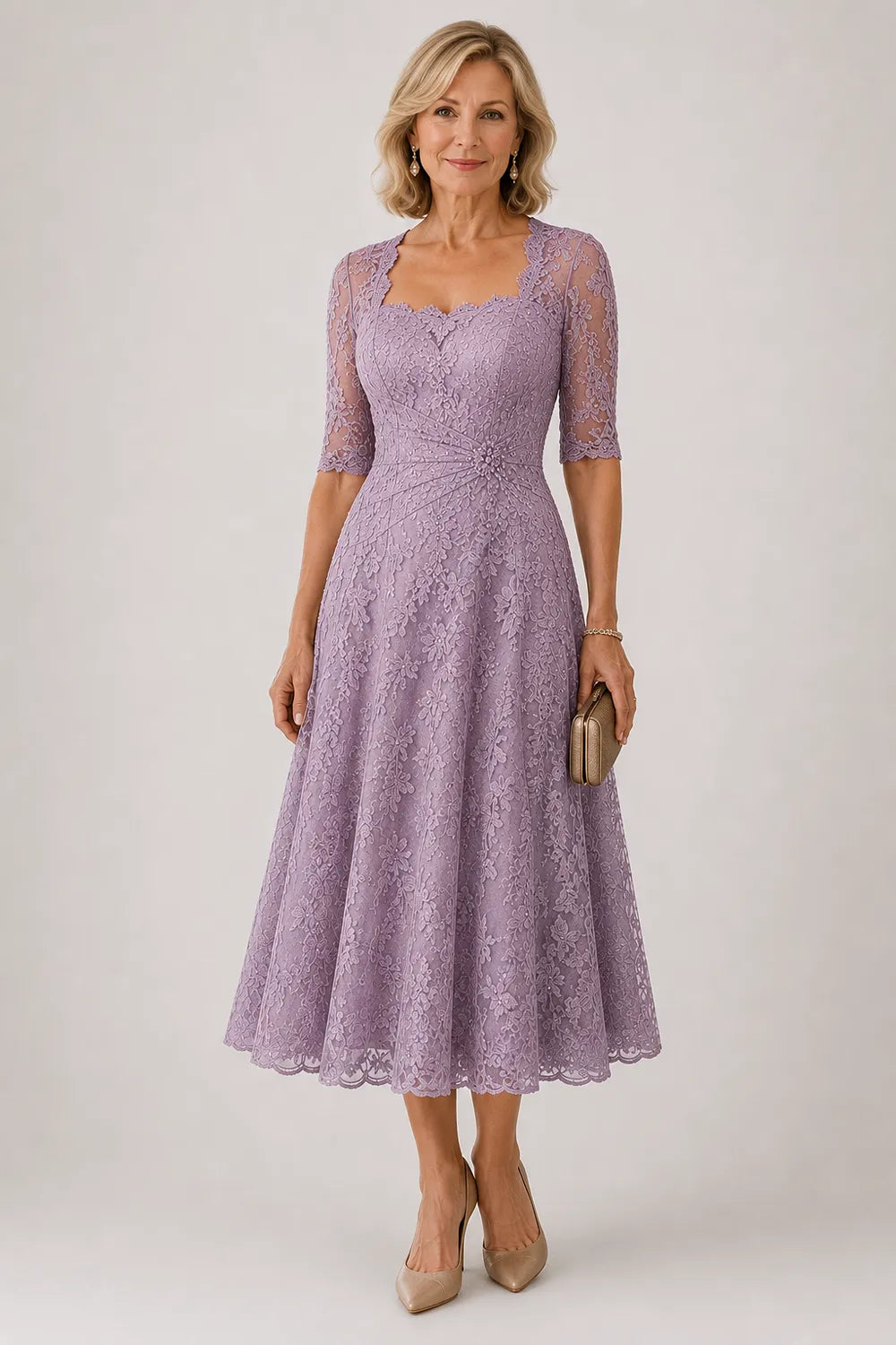 Sheer Lace Sleeve Tea Length Formal Dress