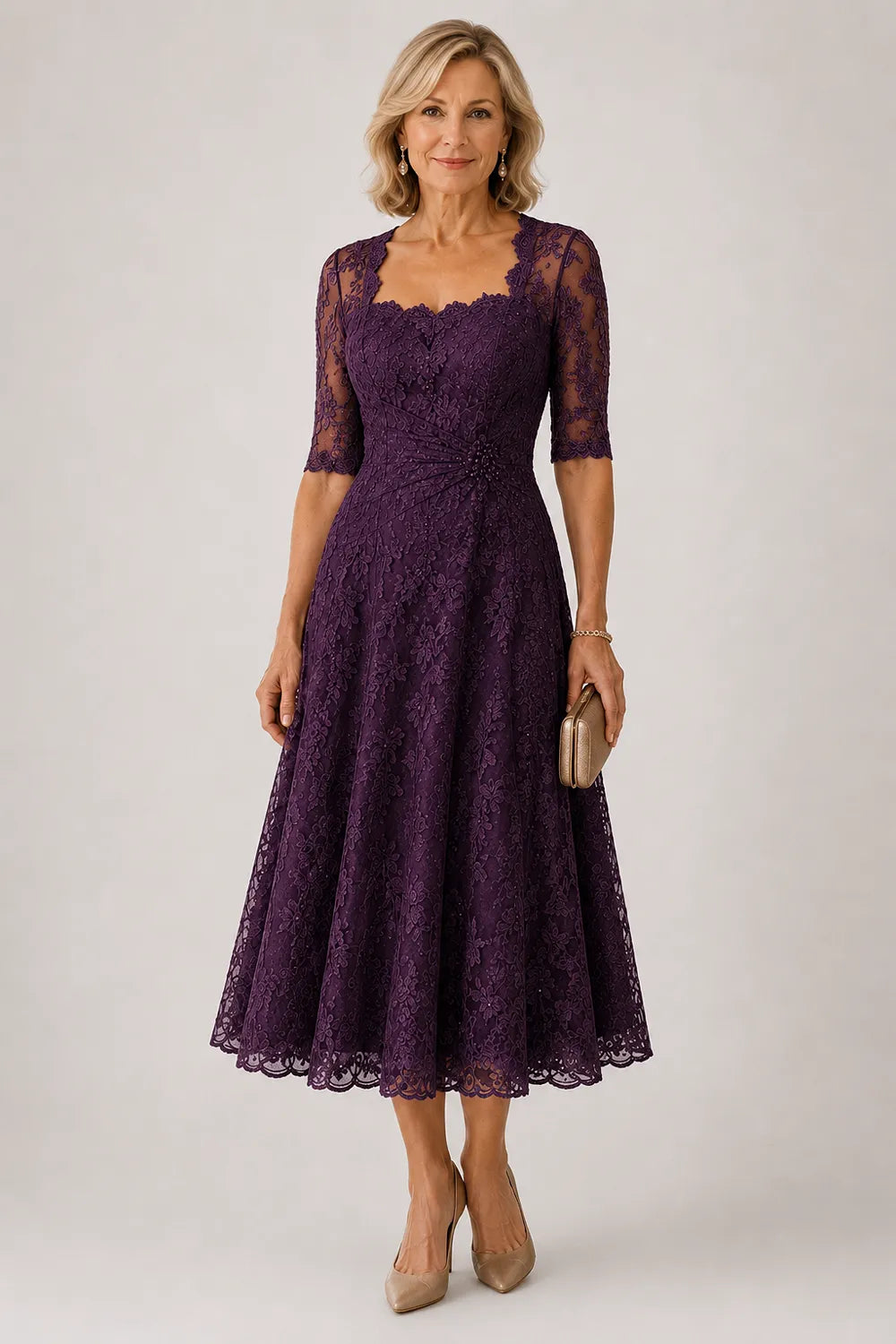 Sheer Lace Sleeve Tea Length Formal Dress