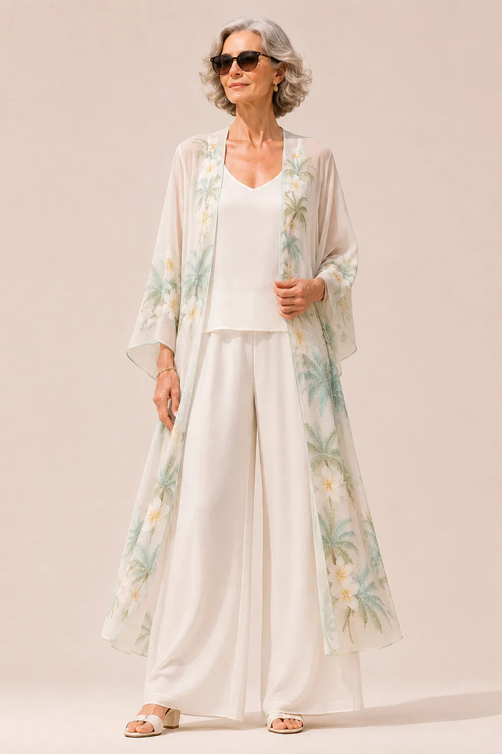 Sheer Floral Kimono Jacket Wide-Leg Pants Set