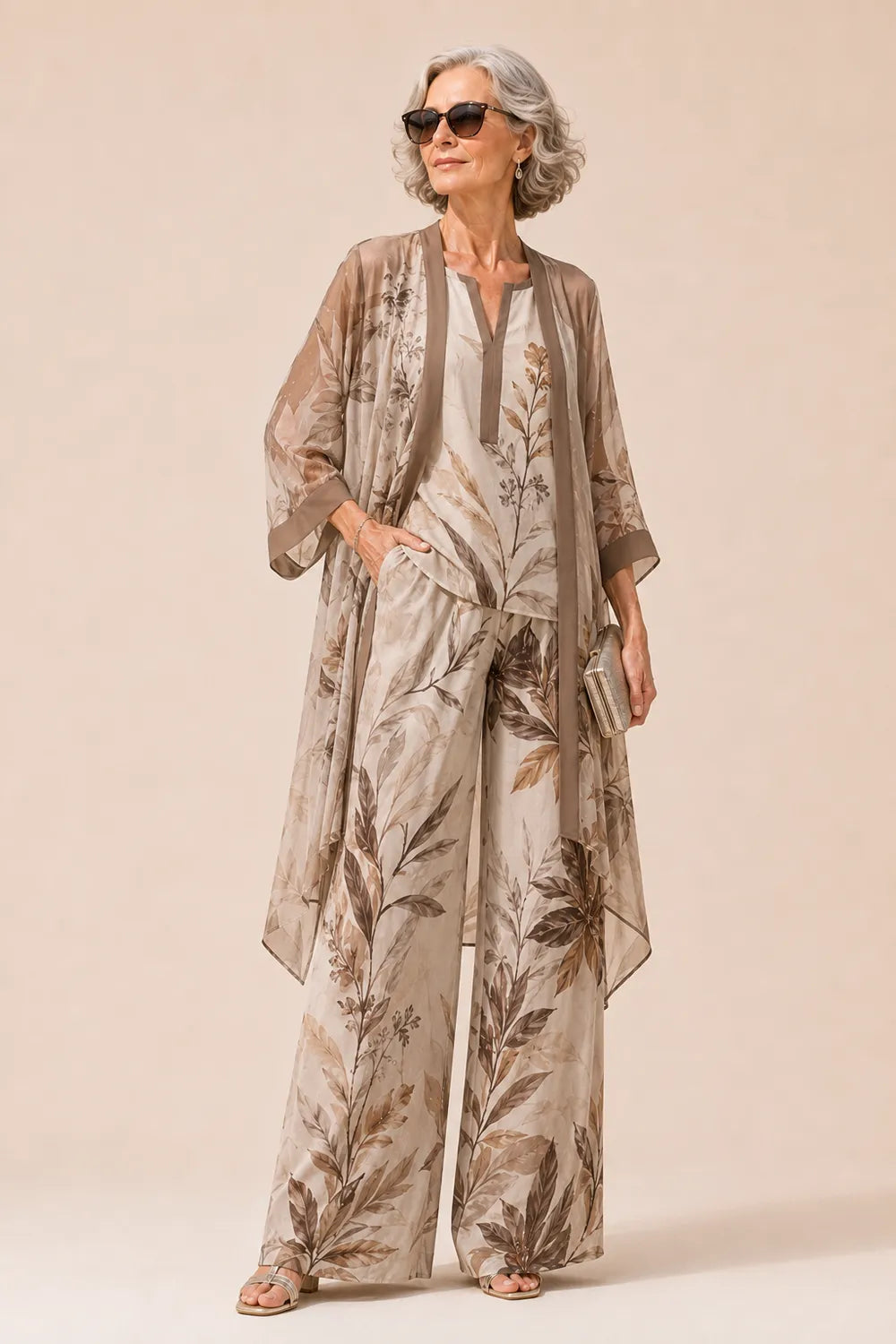Botanical Chiffon Three-Piece Wide-Leg Pant Set