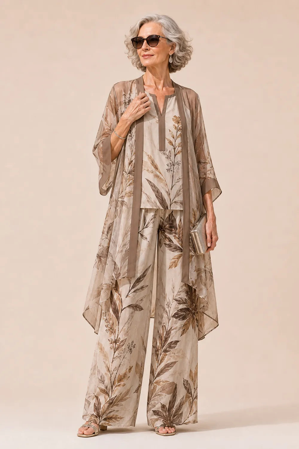 Botanical Chiffon Three-Piece Wide-Leg Pant Set