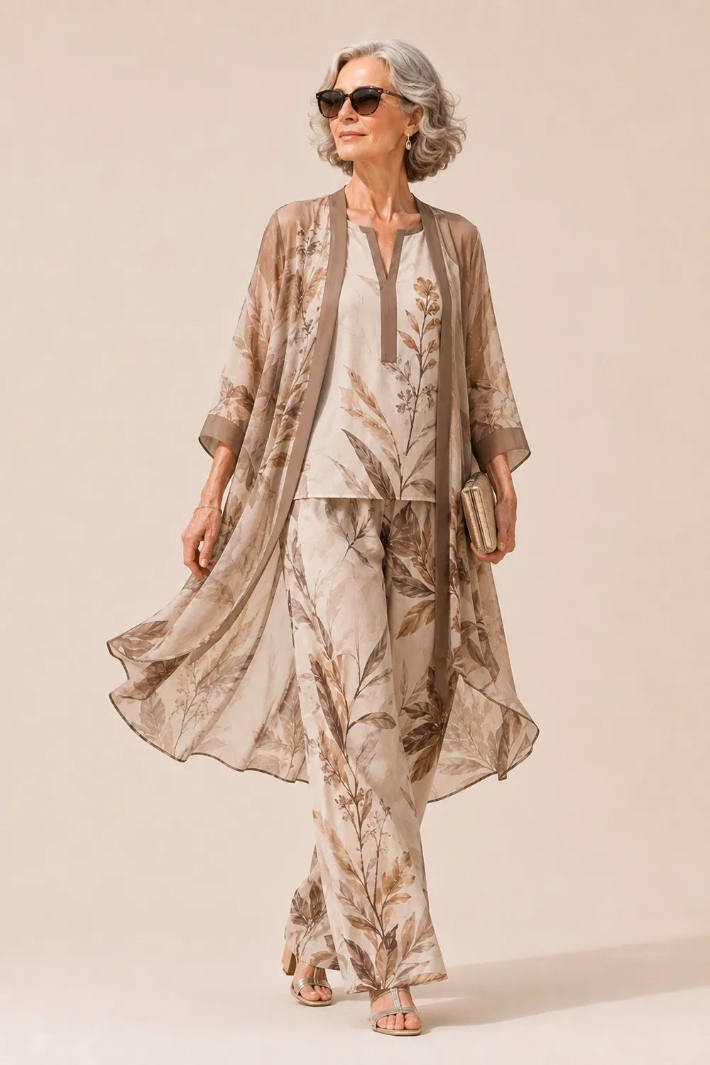 Botanical Chiffon Three-Piece Wide-Leg Pant Set