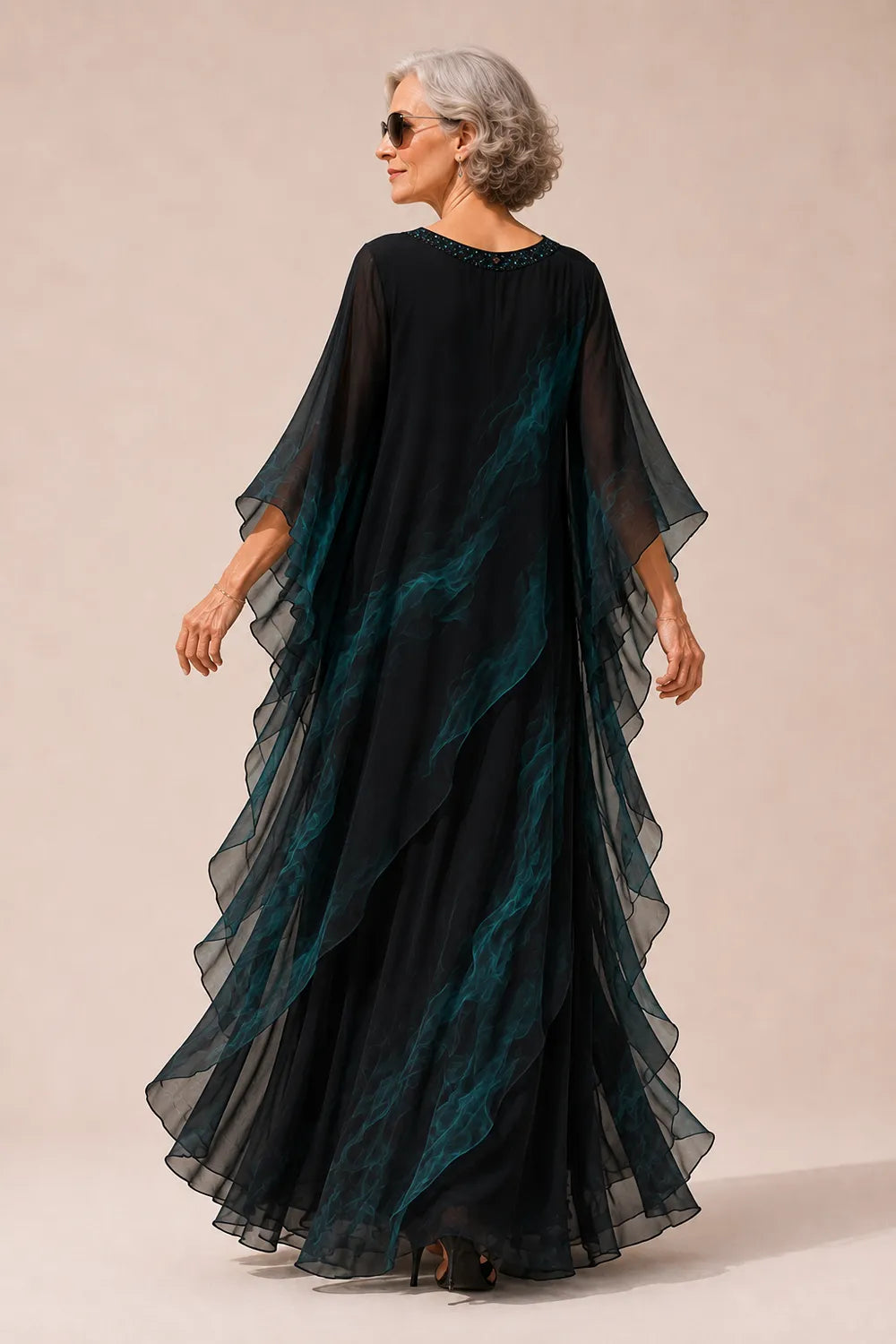 Embellished V-Neck Chiffon Cape Evening Gown