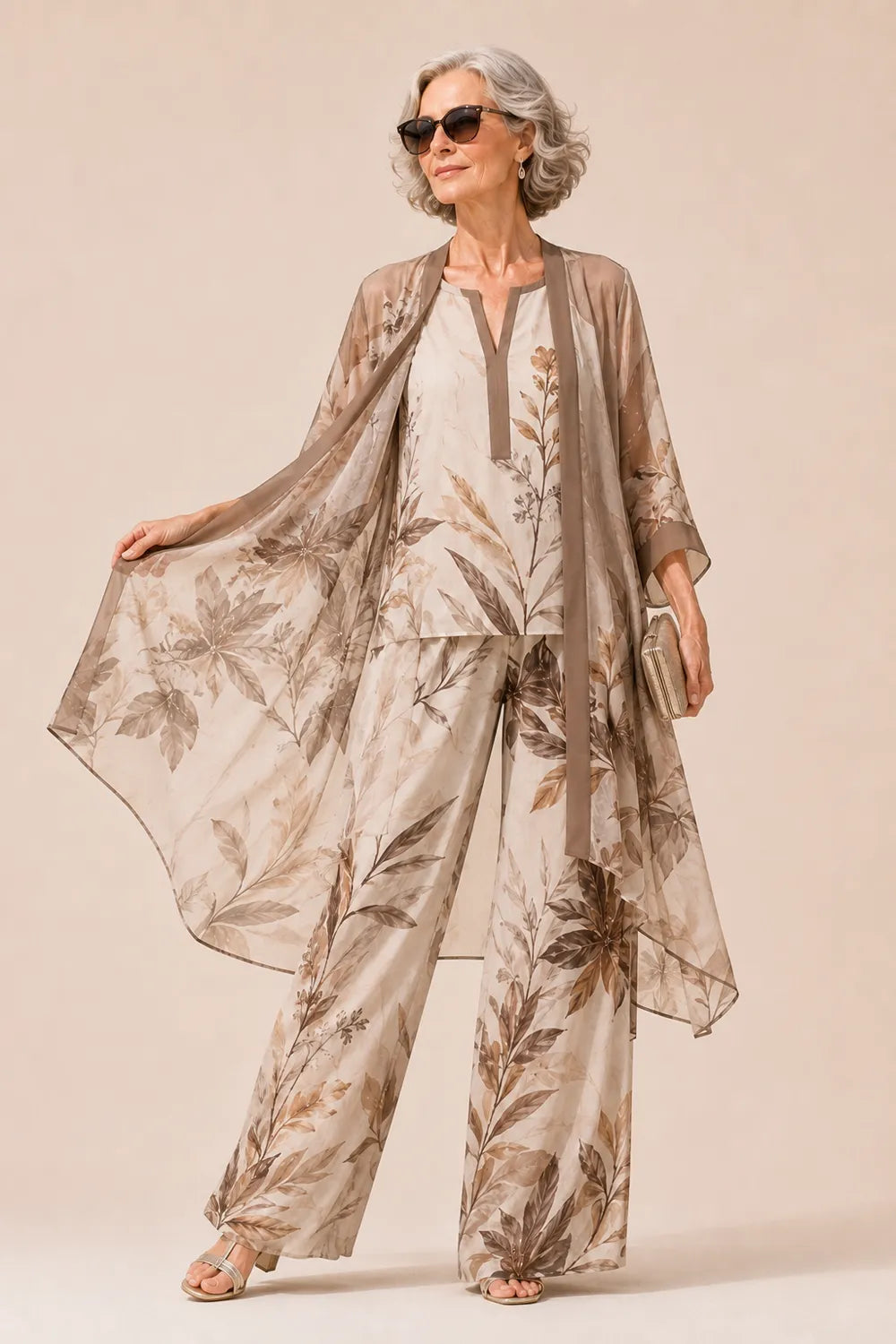 Botanical Chiffon Three-Piece Wide-Leg Pant Set