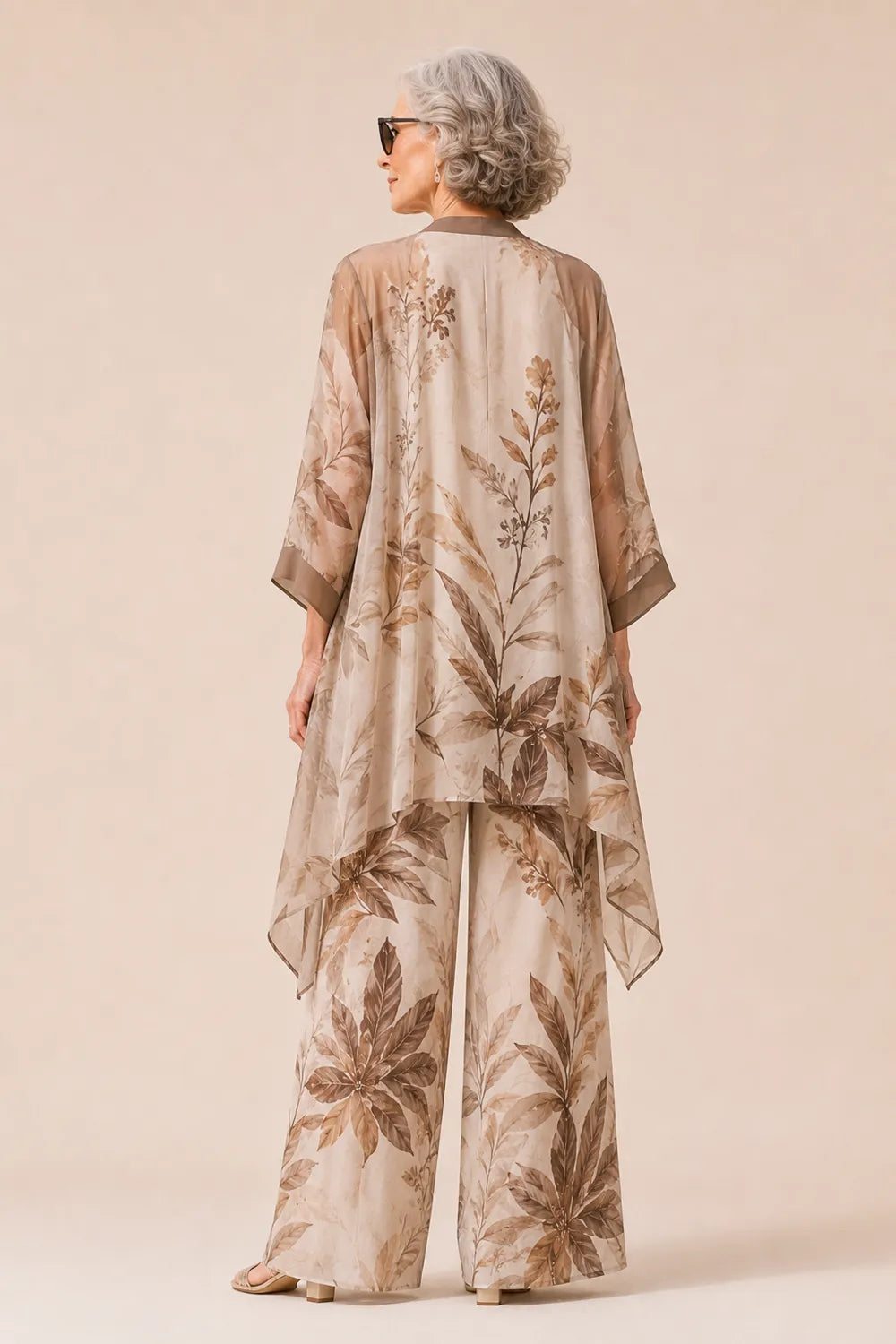 Botanical Chiffon Three-Piece Wide-Leg Pant Set