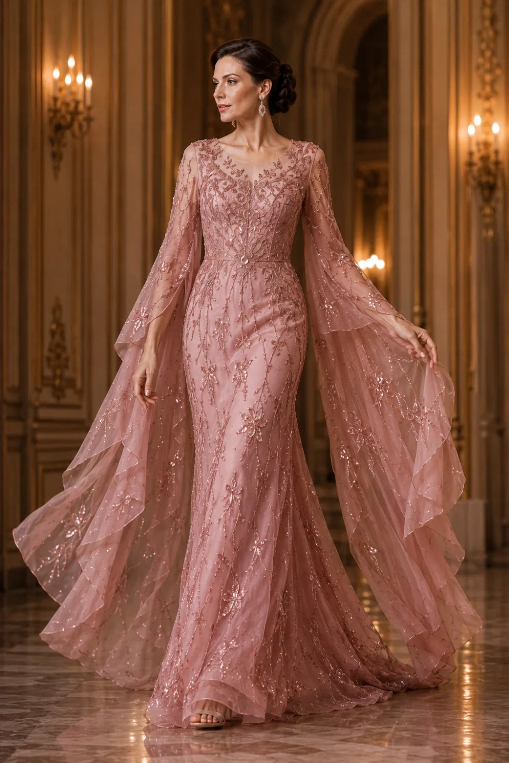 Pink Floral Embroidered Dress Elegant Mother of the Bride Gown