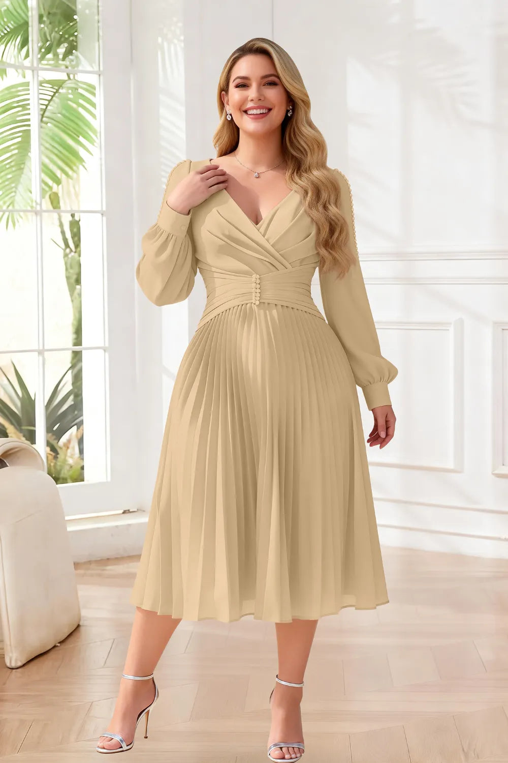 Elegant Pearl-Trim Pleated Midi Dress