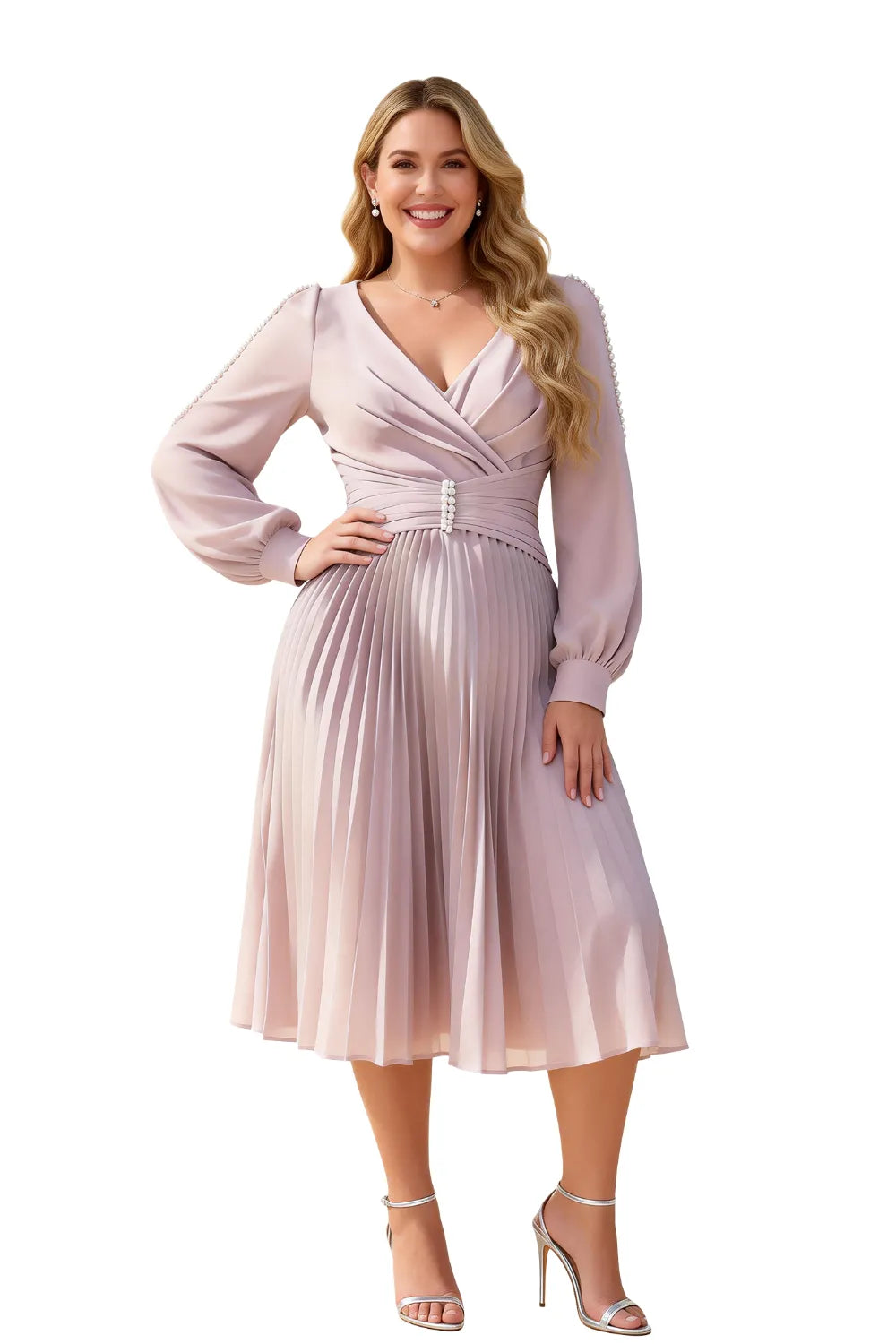 Elegant Pearl-Trim Pleated Midi Dress