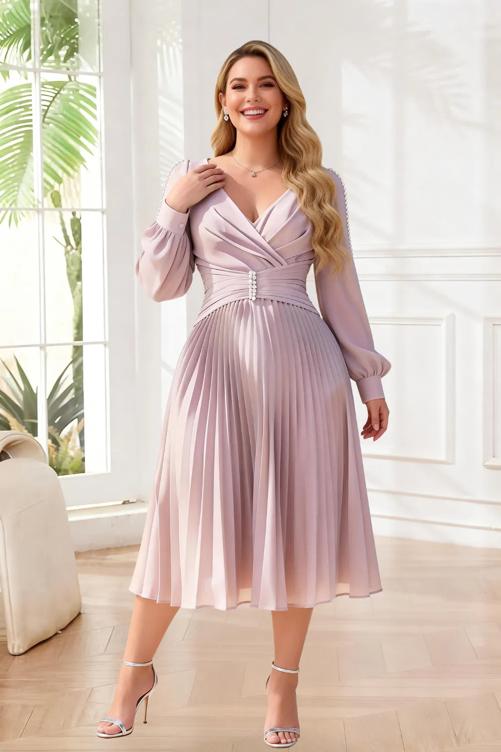 Elegant Pearl-Trim Pleated Midi Dress